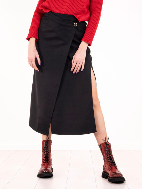 Alpha Studio Black Stretch Wool Twill Midi Skirt