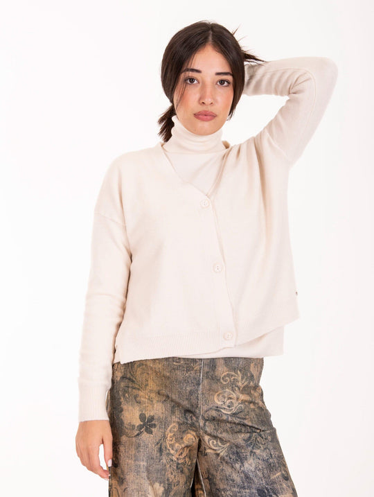 Short Cardigan White Wise in Wool and Natural Viscose