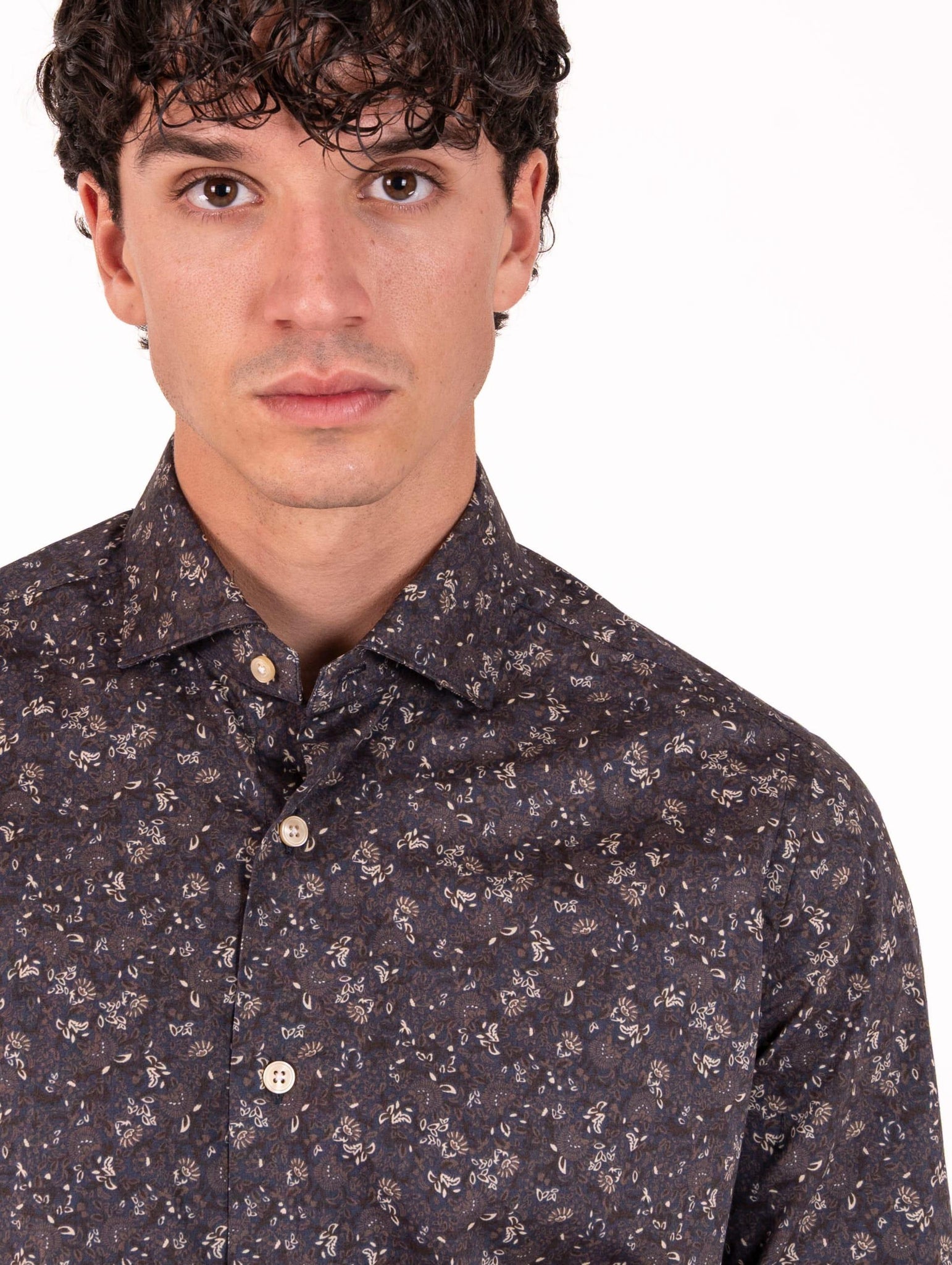 Camicia Caliban in Cotone Fantasia Jaquard Blu e Marrone G9FFURFN2 Caliban