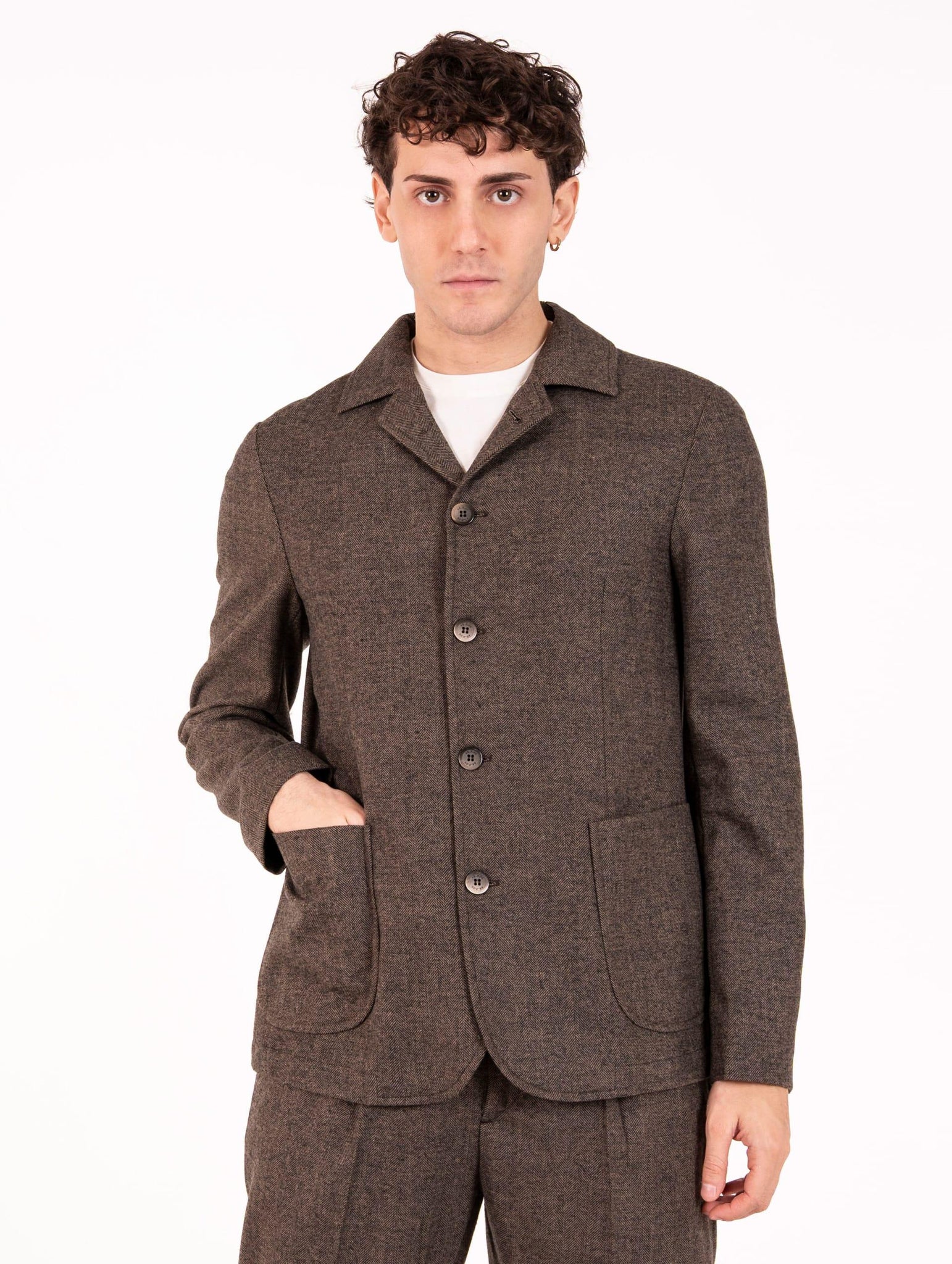 Giacca AT.P.CO. in Misto Lana e Viscosa Spigata Nero e Marrone LOGAN717TF509299 AT.P.CO