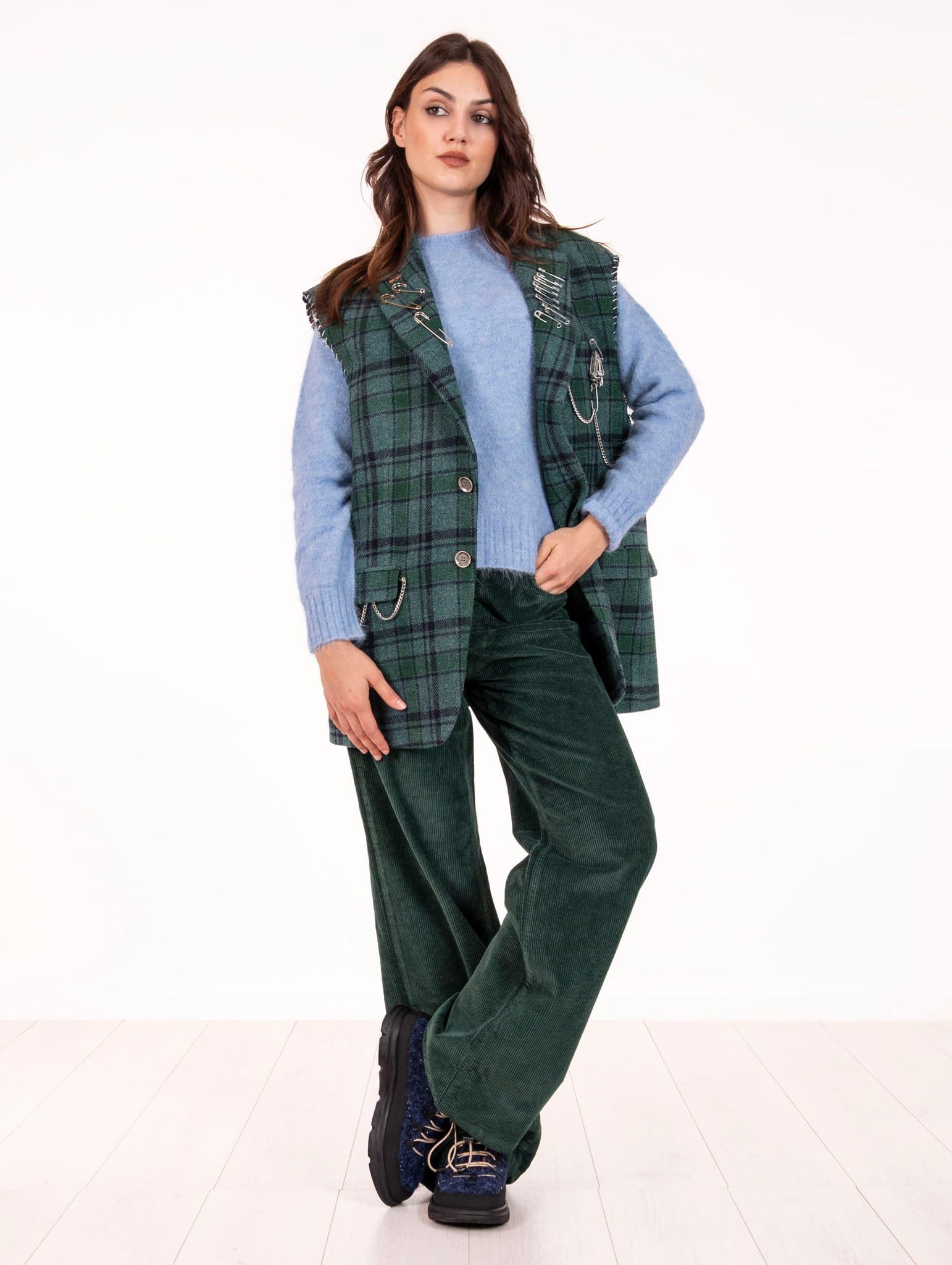 Maxi Gilet Roy Roger's  in Lana Check Verde e Blu RND90214CQ15XXXXC0611 Roy Roger's