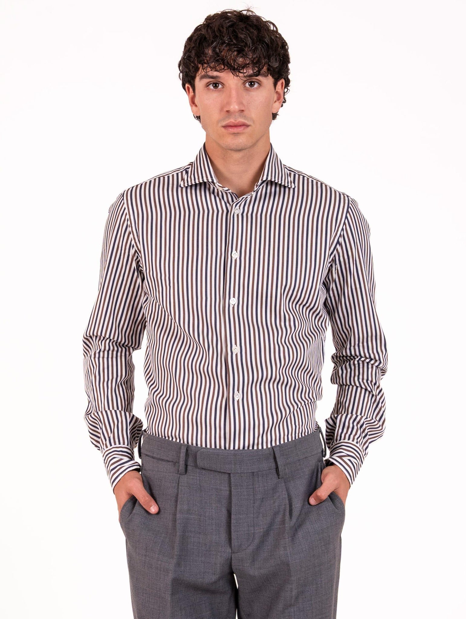 Camicia Borriello Napoli in Cotone a Righe Bianca, Blu e Marrone 210351 Borriello Napoli