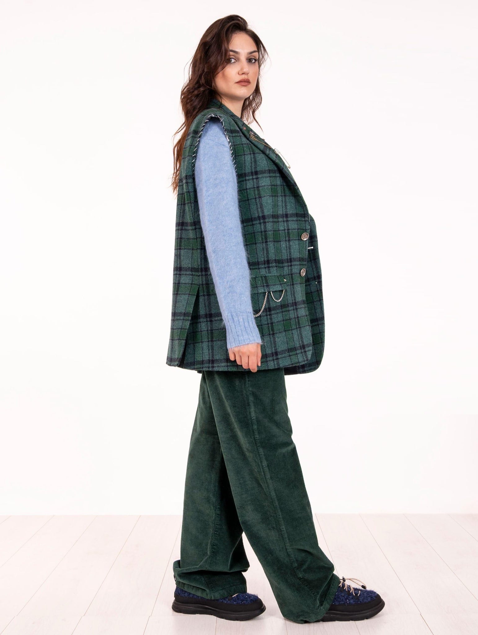 Maxi Gilet Roy Roger's  in Lana Check Verde e Blu RND90214CQ15XXXXC0611 Roy Roger's