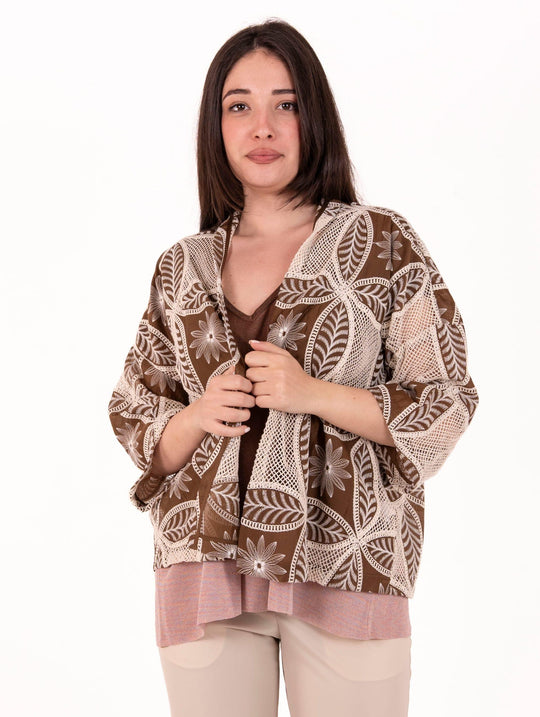 Kimono Traffic People in Cotone Crochet Panna e Marrone