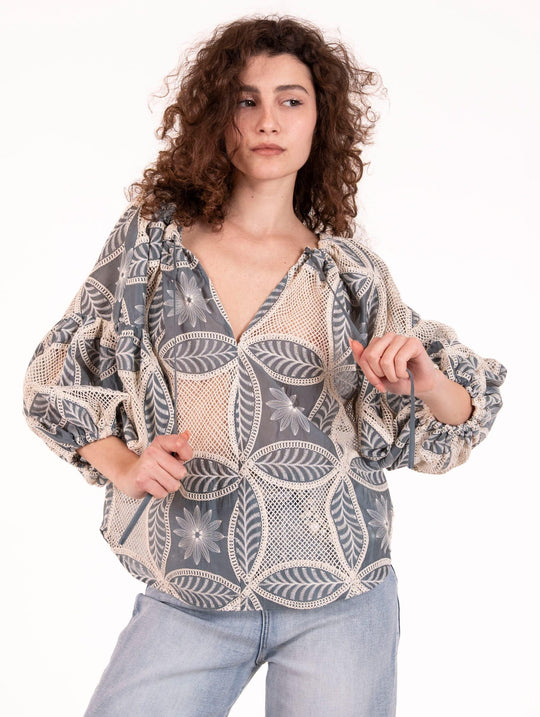 Blusa Traffic People in Cotone Crochet Panna e Celeste