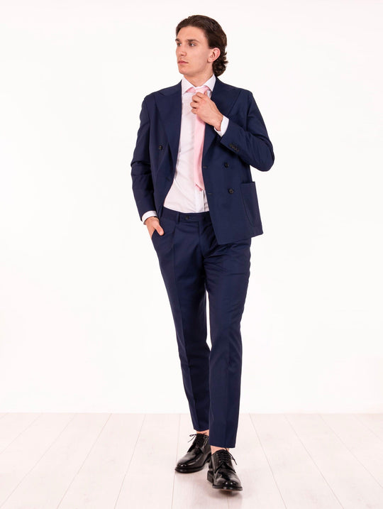 Double-Breasted Four Stroke Tailored Dress in Blue Virgin Wool