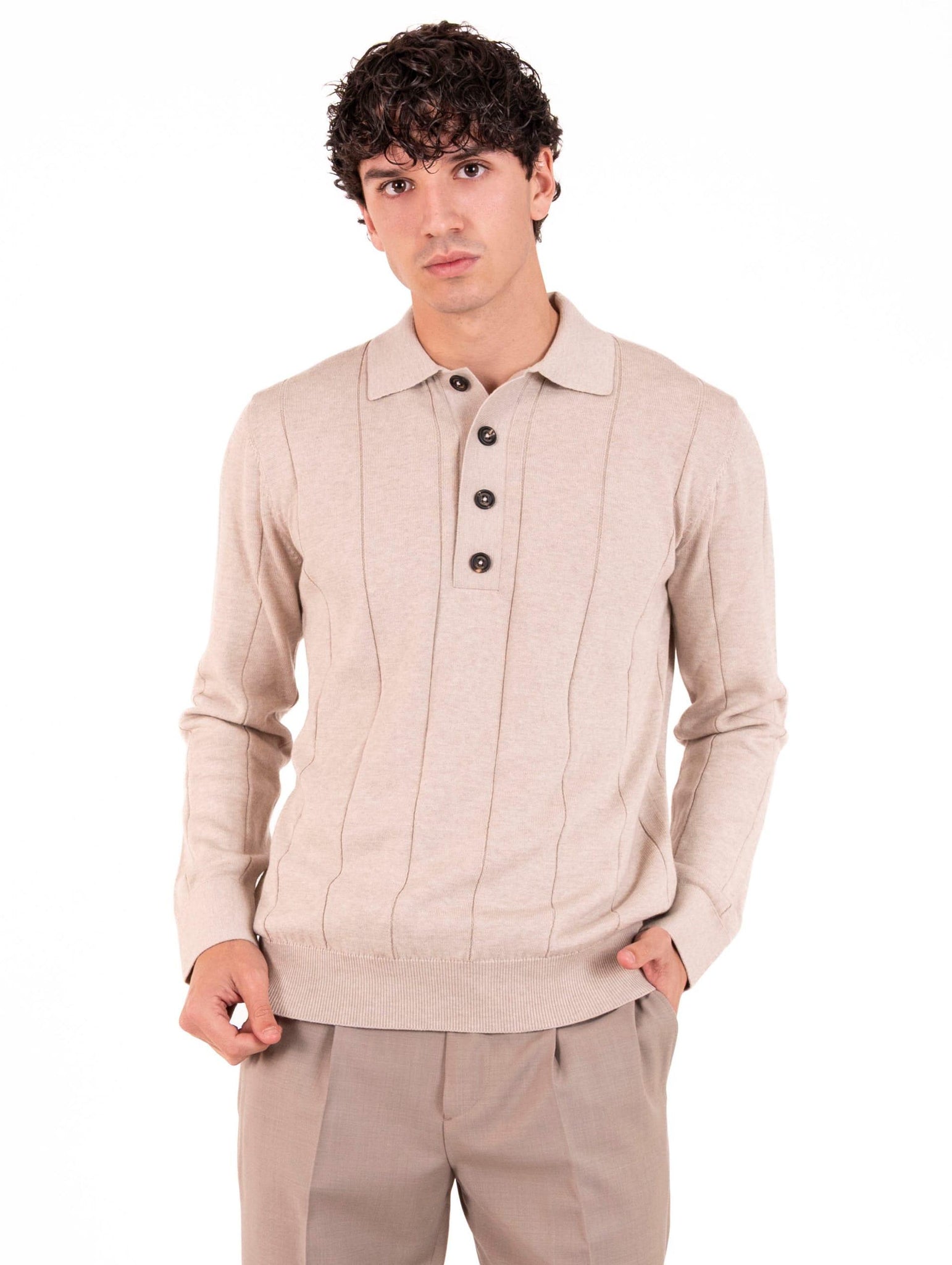 Polo Eleventy Milano in Maglia di Cotone e Cashmere Sabbia L76POLL09MAG0K00702 Eleventy Milano