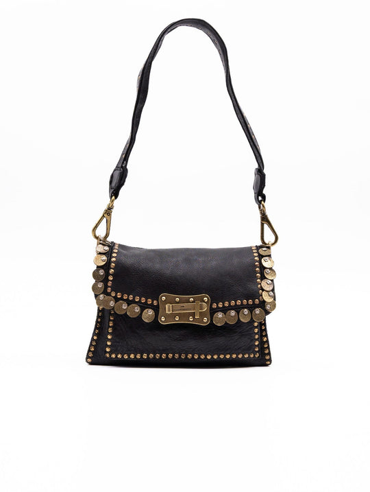 Borsa Agnese Campomaggi con Borchie e Medaglie in Pelle Nera