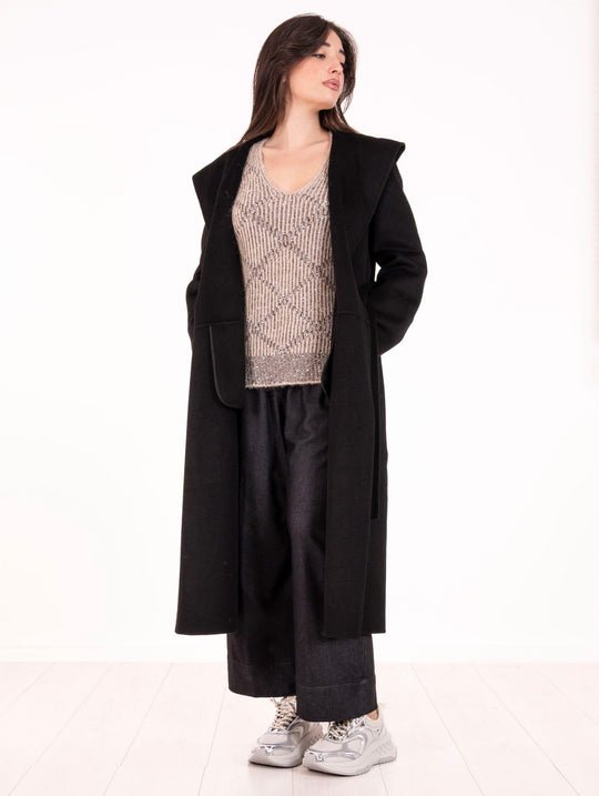 Cappotto Fourstroke con Cintura in Lana Double Nero
