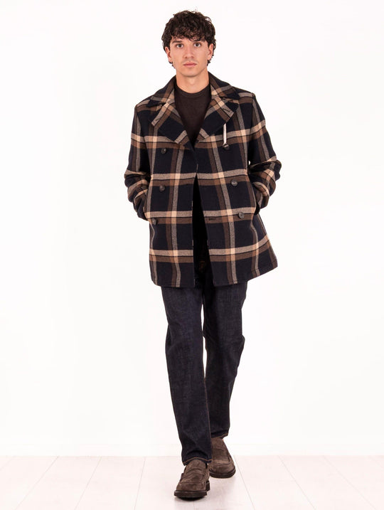 Camplin Peacoat in Blue and Beige Check Wool