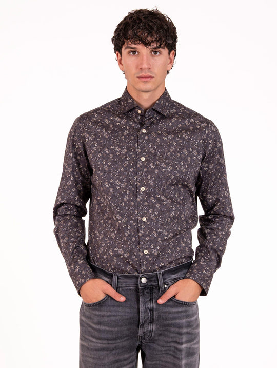 Camicia Caliban in Cotone Fantasia Jaquard Blu e Marrone