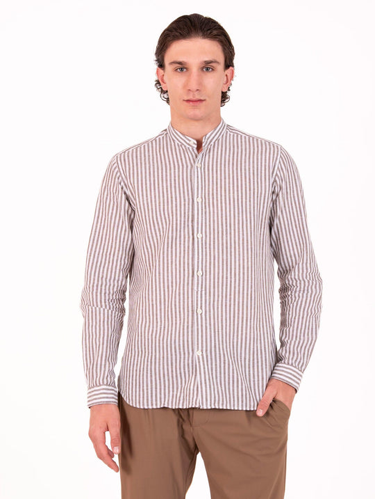 Camicia Caliban in Lino e Cotone a Righe Bianco e Marrone