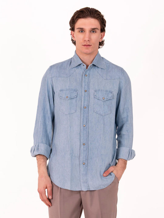 Camicia Eleventy Milano Platinum in Lyocell e Lino Denim Chiaro