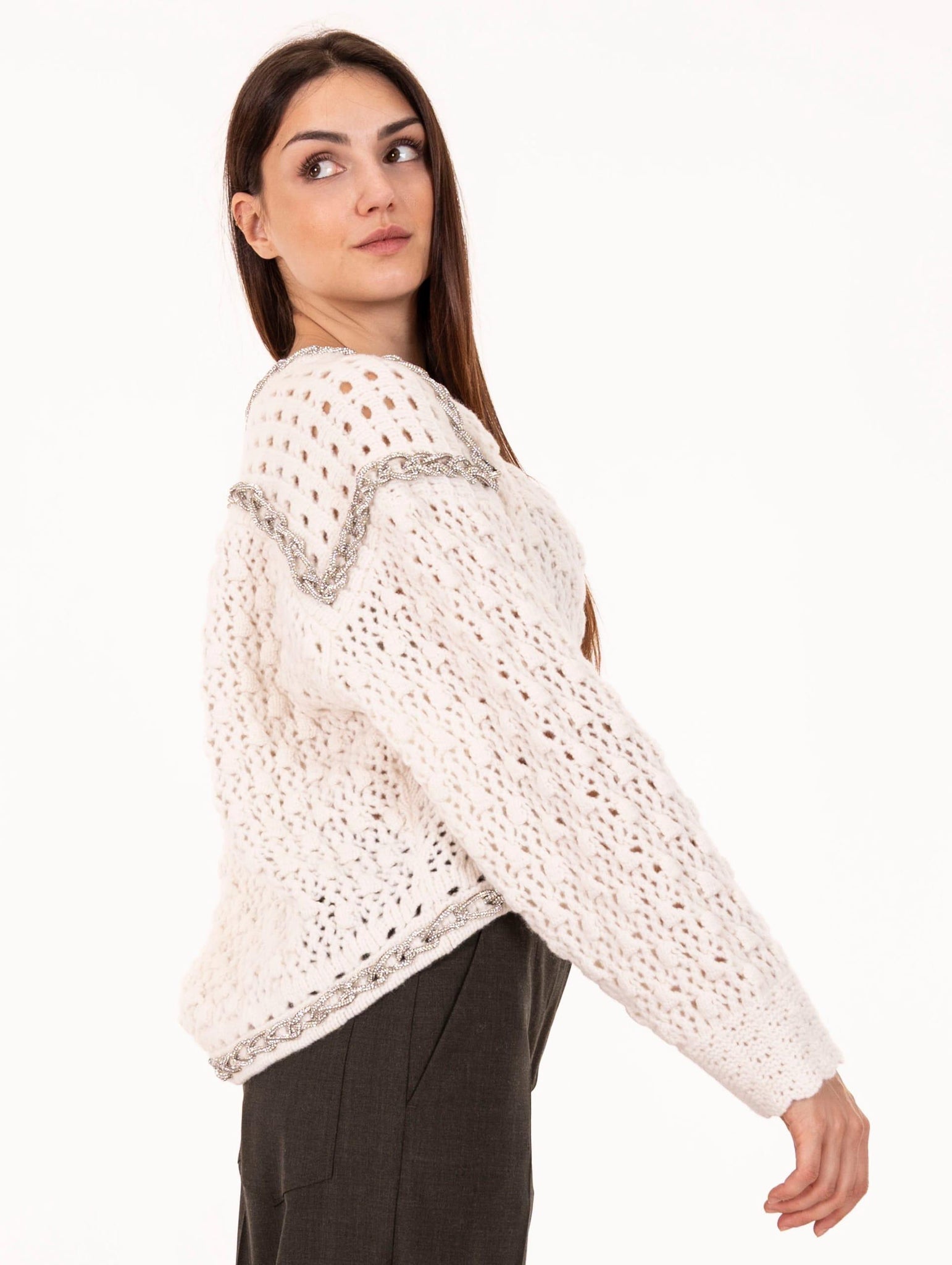 Pull Circus Hotel con Catena Strass in Pura Lana Panna H5WQ01A13 Circus Hotel