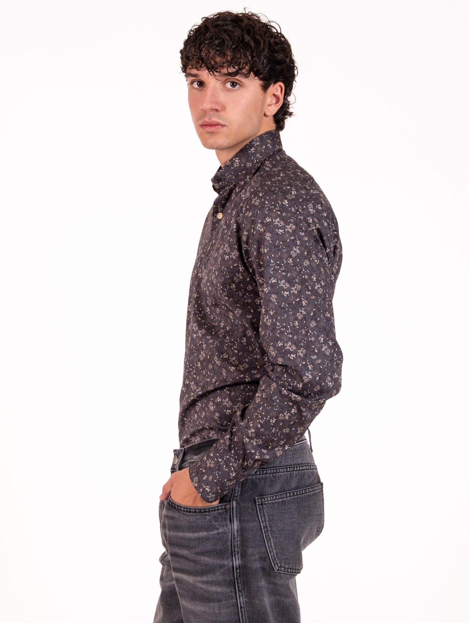 Camicia Caliban in Cotone Fantasia Jaquard Blu e Marrone G9FFURFN2 Caliban