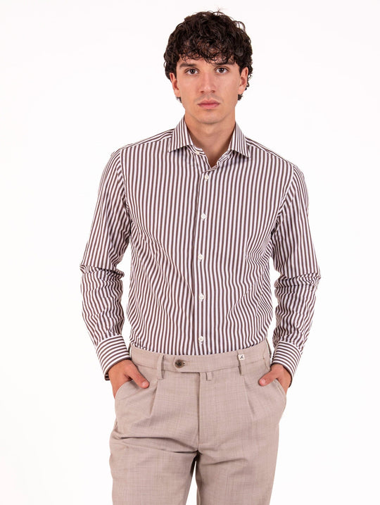 Camicia Caliban in Cotone Fantasia a Righe Bianco e Marrone
