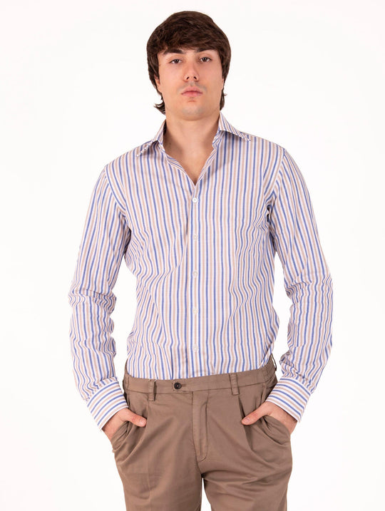 Camicia Rigata Borriello Napoli in Cotone Bianco, Blu e Beige