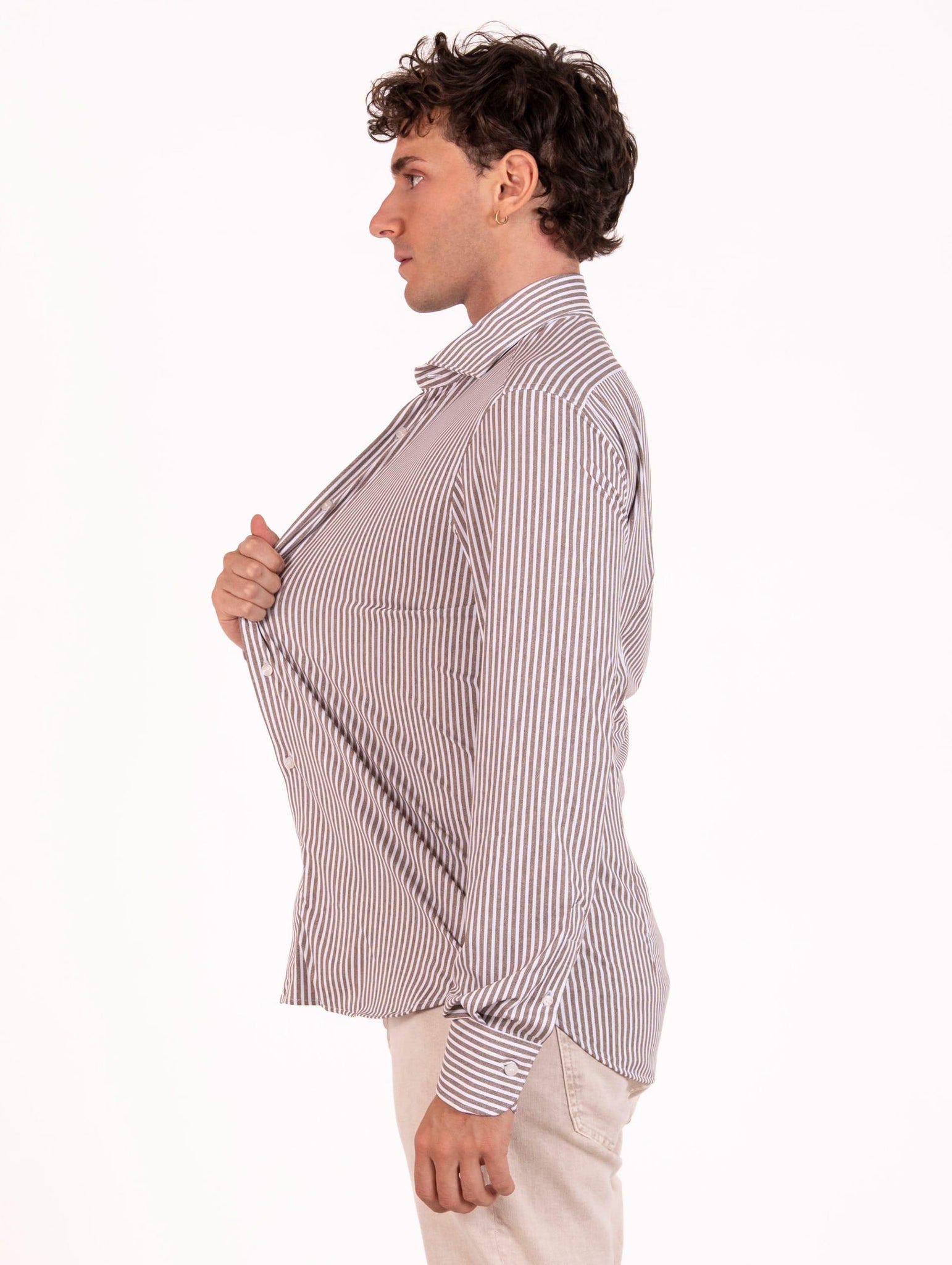 Tecno Camicia Orian Antibatterica Rigata Bianca e Fango T10202RT5215 Orian