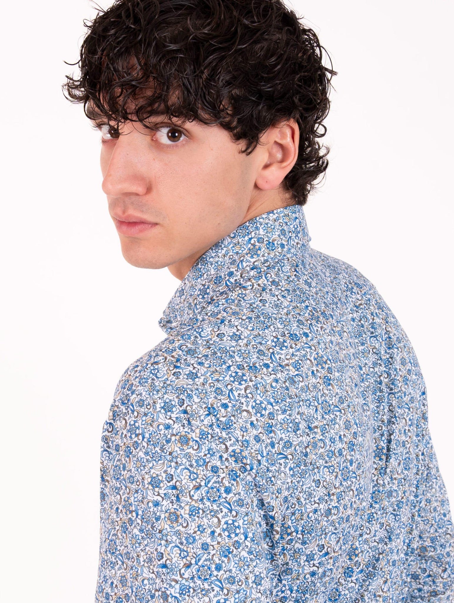 Tecno Camicia Orian Antibatterica Bianca Fantasia Fiori Azzurra e Beige T10202FT4022 Orian