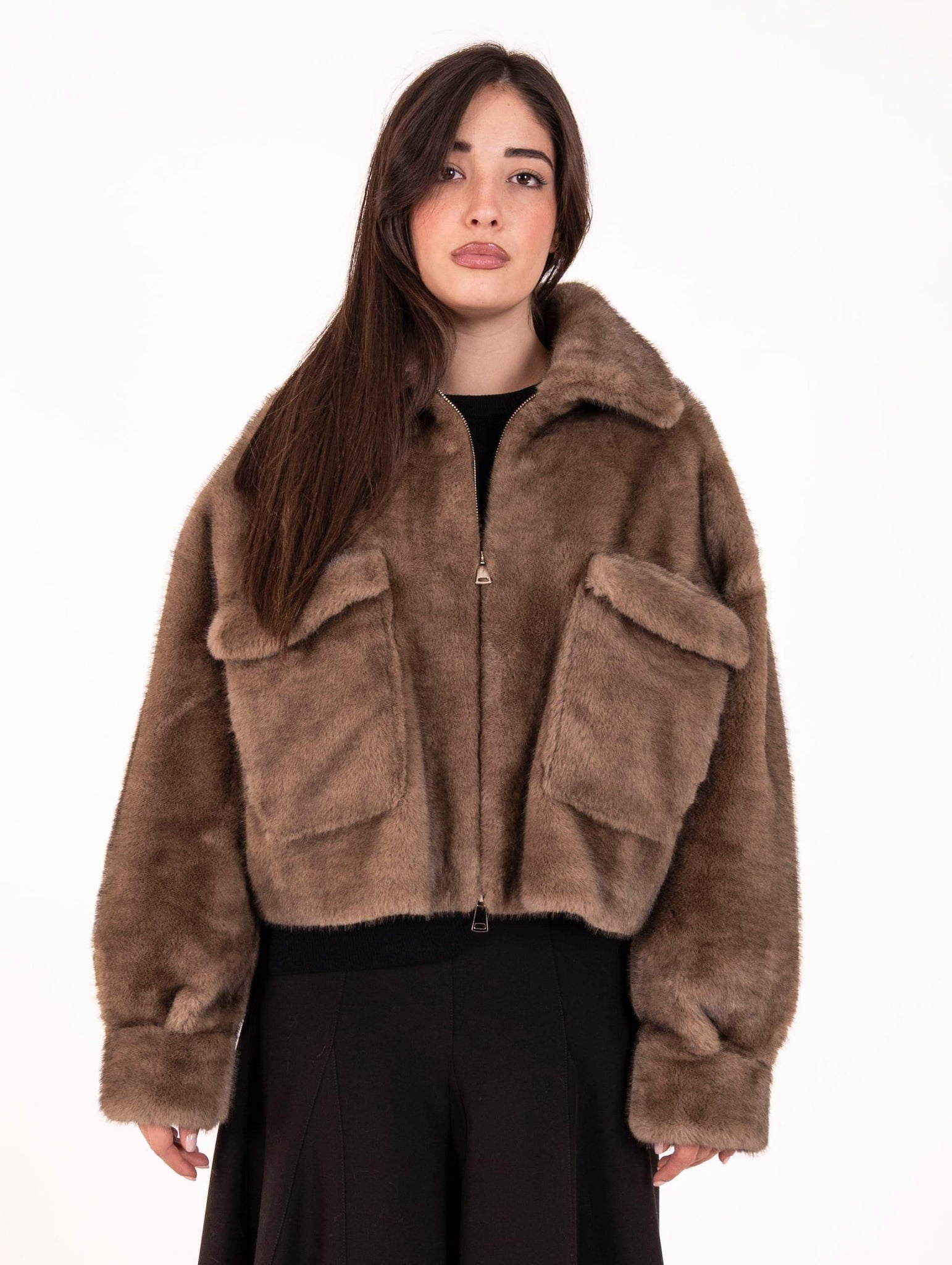 Giacca con Zip Eco Pelliccia Leon e Loulou Tortora L658MINK00043 Leon & Loulou