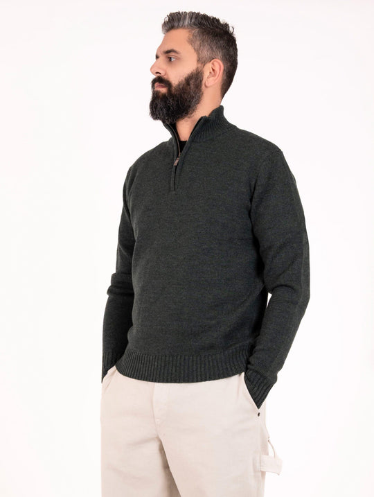 Four Stroke Pullover mit Reißverschluss aus extrafeiner Merinowolle Grün