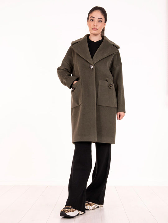 Cappotto Egg Shape Fourstroke in Lana e Viscosa Verde Oliva