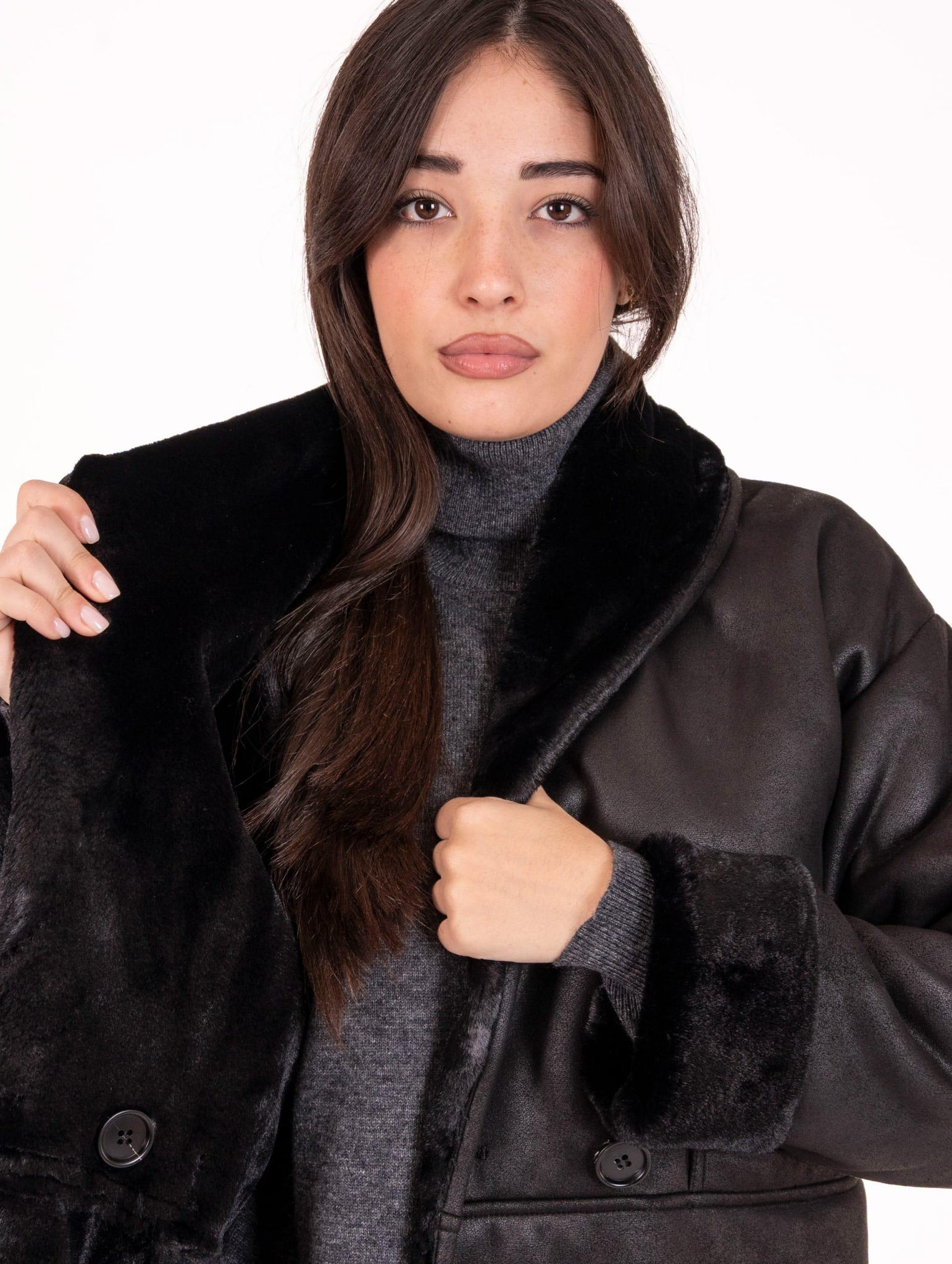 Cappotto Doppiopetto Eco Montone Leon e Loulou Nero L368CAMO00024 Leon & Loulou