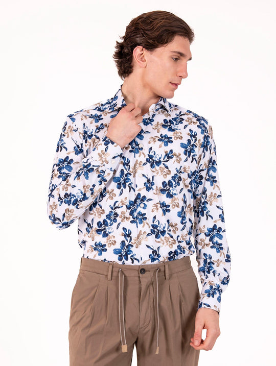 Tecno Hemd Orian antibakteriell mit Blumenmuster Weiß, Beige Blau