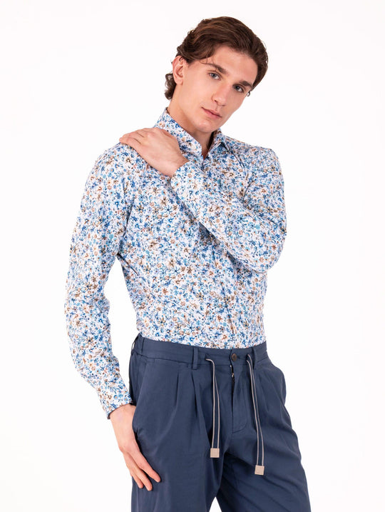 Tecno Hemd Orian antibakteriell mit Blumenmuster Weiß, Hellblau Beige