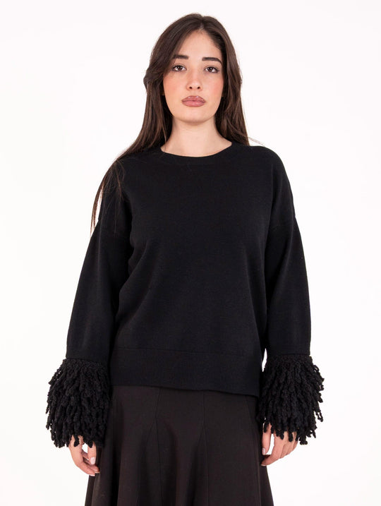 Pull D Exterior con Frange in Lana Nero