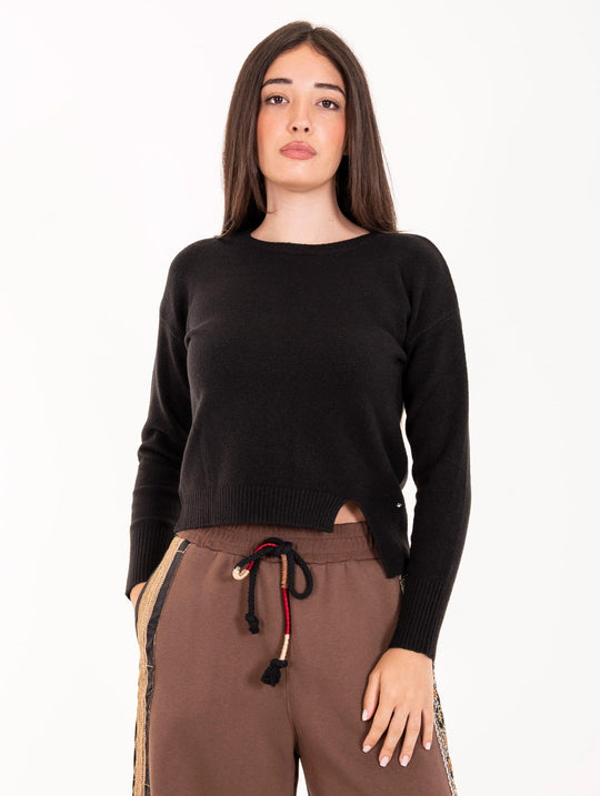 Maglia Girocollo White Wise con Spacchetto in Lana e Viscosa Nero