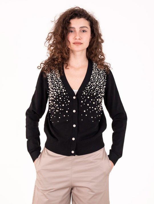 Cardigan Tricot No Secret con Perle in Viscosa Caviale