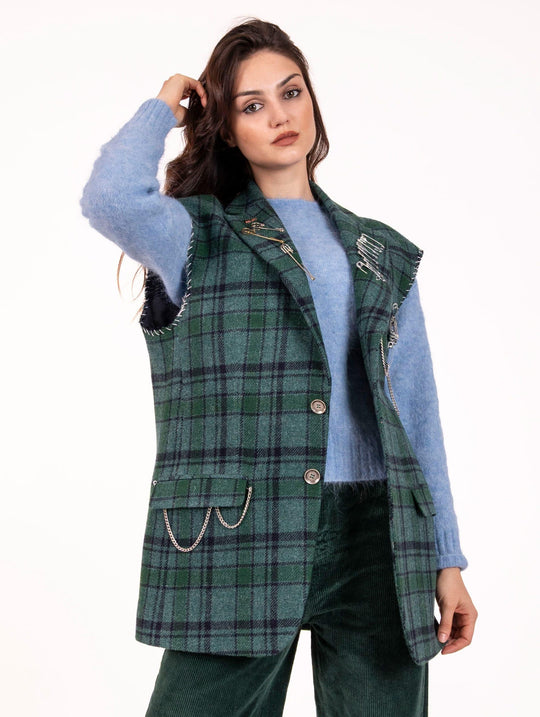 Maxi Gilet Roy Roger's  in Lana Check Verde e Blu