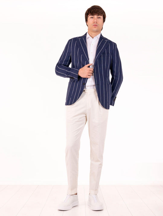 Giacca Sartoriale Four Stroke in Lino e Lana Vergone Gessata Blu e Bianca
