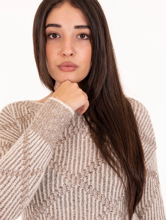 Pull Rombi D.Exterior con Cristalli in Lana e Alpaca Gesso e Beige