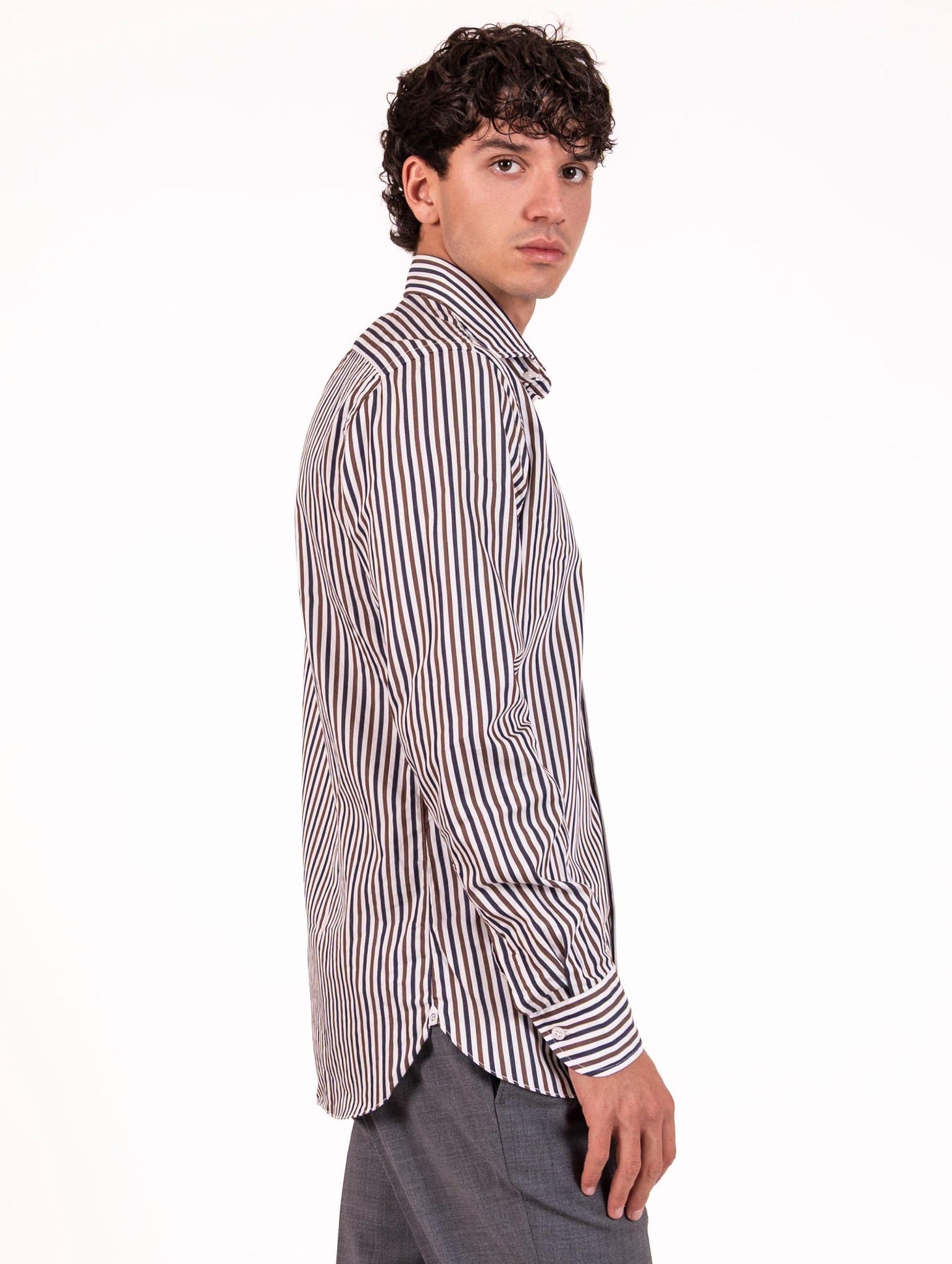 Camicia Borriello Napoli in Cotone a Righe Bianca, Blu e Marrone 210351 Borriello Napoli