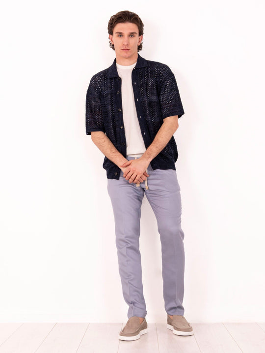 Camicia Roberto Collina in Cotone e Lino Traforato Blu