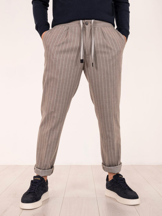 Devorè Trousers in Cotton and Viscose Taupe Pinstripe and White
