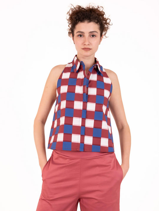 Alpha Studio Top in Brick and Blue Check Cotton