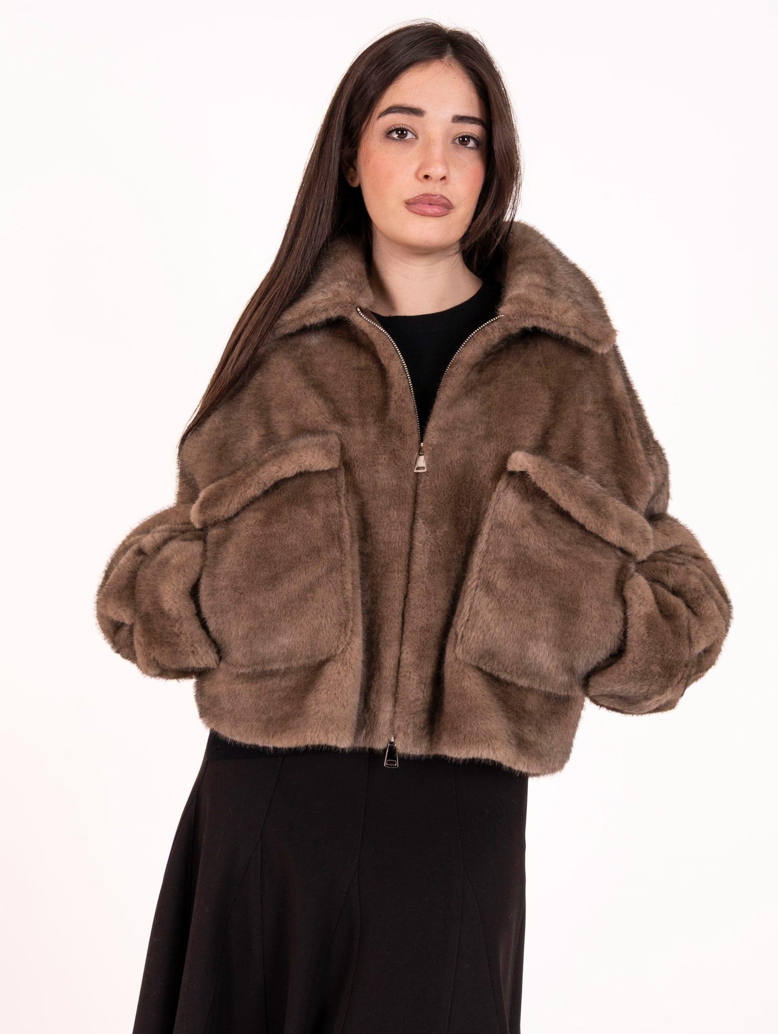 Giacca con Zip Eco Pelliccia Leon e Loulou Tortora L658MINK00043 Leon & Loulou