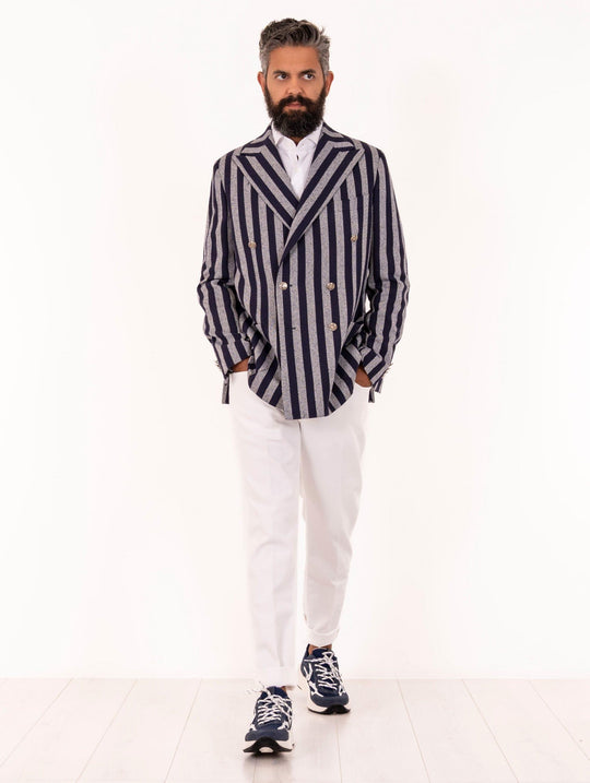 Double-Breasted Tailored Jacket Four Stroke in Cotton and Viscose White and Blue