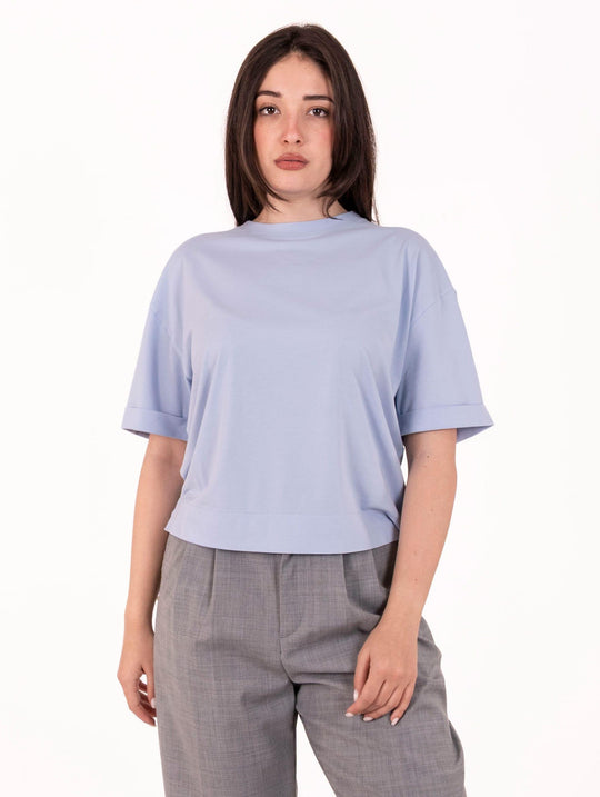 T -Shirt Alpha Studio Risvolto in Jersey di Cotone Celeste
