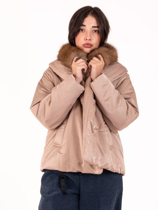Mantella Violanti con Collo in Ecopelliccia in Raso Cammello