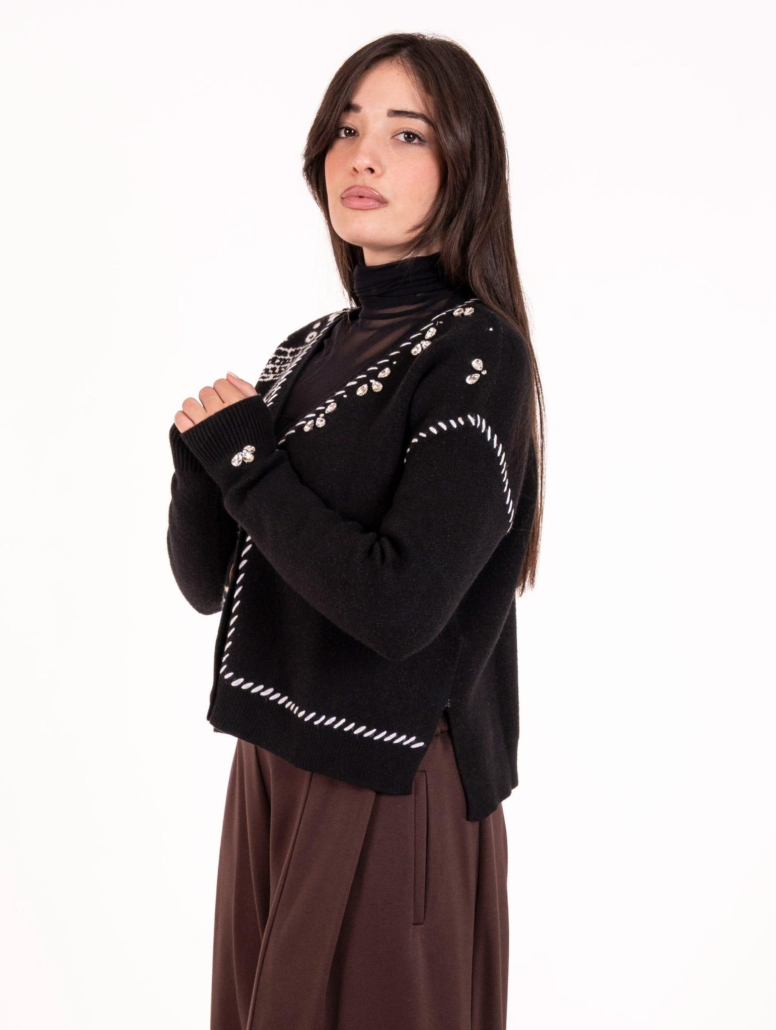 Cardigan Jewel White Wise in Viscosa Bianca e Nera WW20173678 White Wise