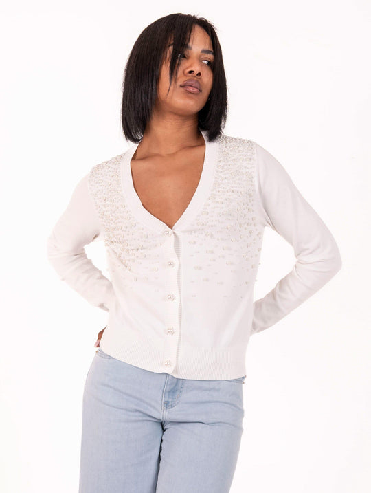 Cardigan Tricot No Secret con Perle in Viscosa Latte