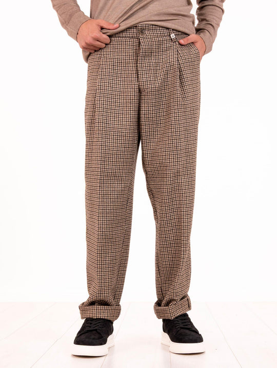 Pantalone Myths in Misto Lana Pied de Poule Marrone e Beige