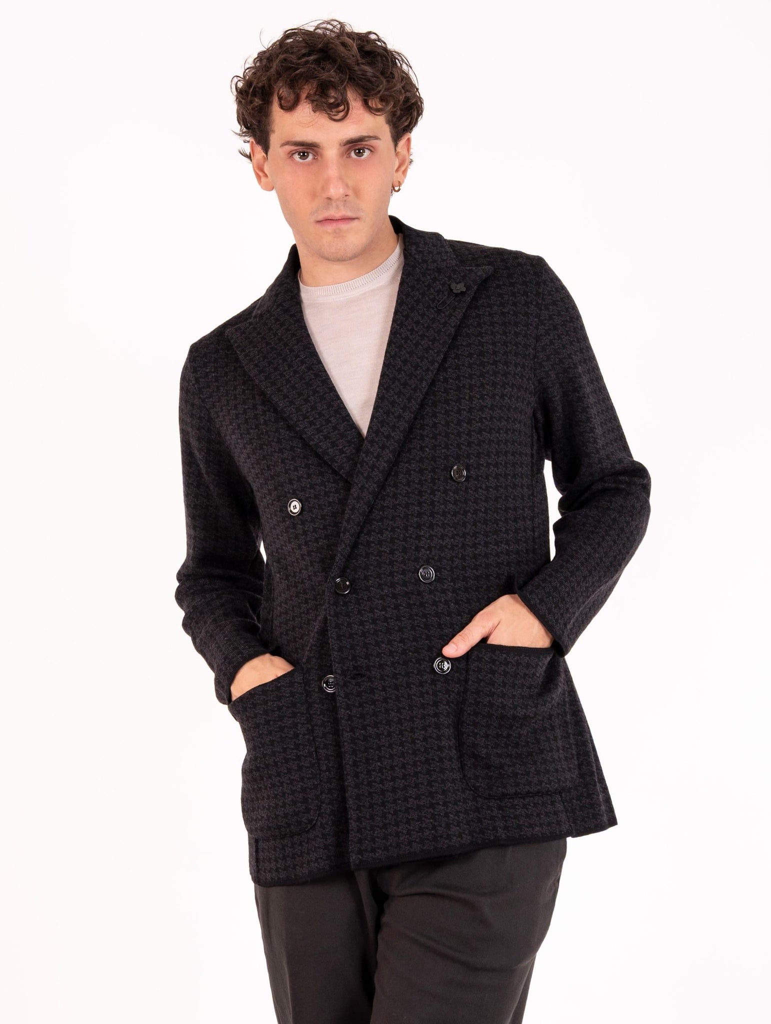 Giacca Doppiopetto Lardini in Lana Vergine Pied de Poule Nera CNLJM57930NE Lardini