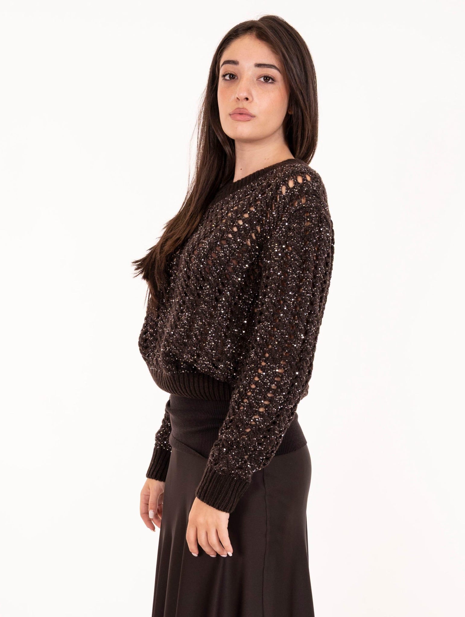 Pull Trecce D.Exterior con Cristalli in Lana, Cachemire e Seta Caffè 6118620WEN D.EXTERIOR