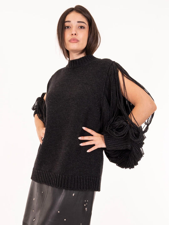 Pullover Circus Hotel con Maniche Sfrangiate in Lana e Alpaca Fumo