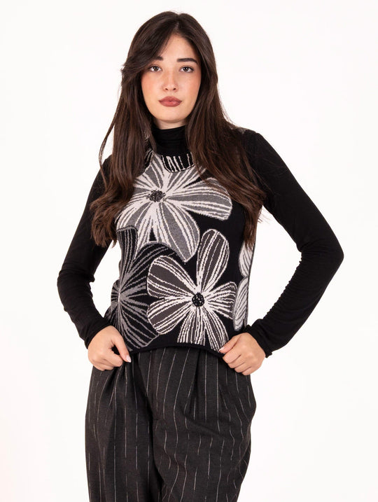 Gilet Alessia Santi in Maglia di Cotone e Lana Flowers Nero e Bianco